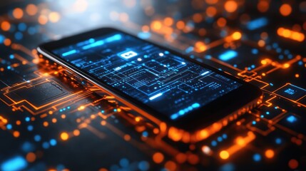 A smartphone on a circuit board with glowing electronic patterns.