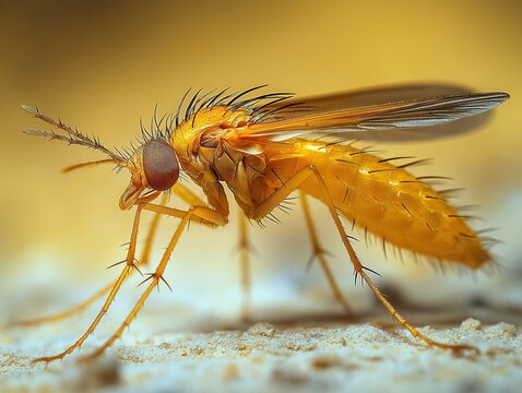 Closeup view of small yellow fly with delicate hairy body, long legs. Insect details visible. Photo highlights tiny insect features. Possible medical research topic. Image suitable for entomology