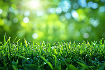 Blurred green nature background with sunlight and bokeh for a spring or summer background, with copy space for text, in high definition.