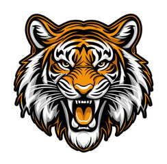 Angry tiger roaring with sharp teeth visible.