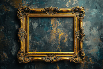 Gold frame contrasted against a vibrant blue wall, creating a striking visual focal point.