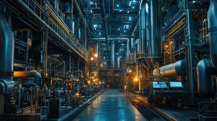 Industrial interior with pipes, machinery, and ambient lighting.