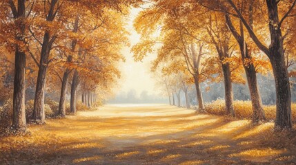 Fototapeta premium Golden autumn path, trees, sunlight, peaceful scene.