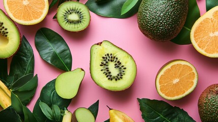 Fototapeta premium Fresh kiwi, avocado, and orange slices on pink background