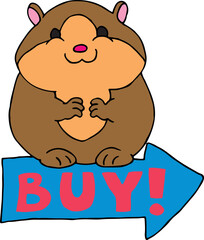 cute happy smiling hamster sits on blue arrow with buy sign
