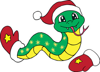 smiling green snake in a red New Year's hat and with a red mitten on its tail