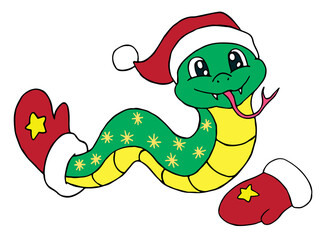 smiling green snake in a red New Year's hat and with a red mitten on its tail