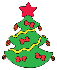 green christmas tree with red star on top with pine cones, red bows and pink ribbon