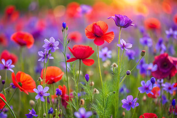 Fototapeta premium Vibrant red poppies and purple wildflowers in a sunlit field.