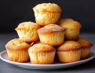 A stack of freshly baked muffins on a plate, showcasing a golden, fluffy texture.
