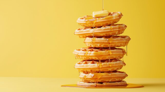 Vibrant food photography stacked waffles on yellow background