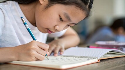 Naklejka premium Focused young girl writing in notebook at school desk