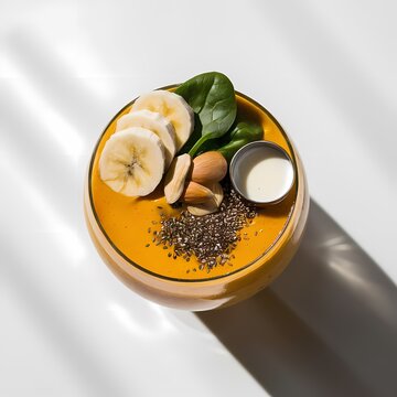 Cinematic glass of turmeric smoothie made with ingredients banana, spinach, almond milk, and chia seeds, from side view isolated in white background