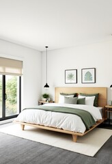 Chic Modern Farmhouse Master Bedroom Design with Crisp White Bedding, Sage Green Accents, and Stylish Black Pendant Lighting