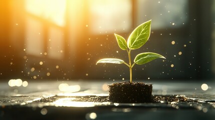 A sprouting plant emerges from dark soil, illuminated by warm sunlight, symbolizing growth and renewal in a serene environment.