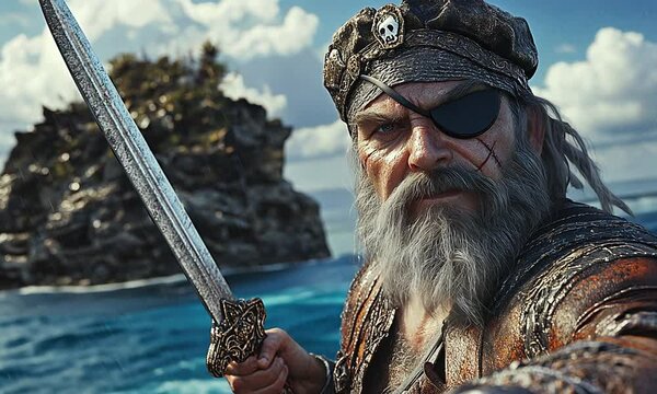 A rugged pirate with an eye patch and sword stands against a coastal landscape.