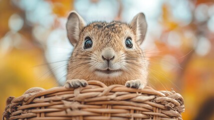 A cheerful squirrel peeks over the edge of a woven basket, surrounded by warm autumn colors and soft light, showcasing its curious expression.