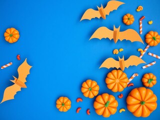 Blue background with Halloween-themed paper art elements like bats, candy, and pumpkins framing the sides, ideal for personalized text, paper art, bats, candy