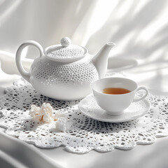 Fototapeta premium Traditional Elegance: White Porcelain Tea Set on Textured Cloth