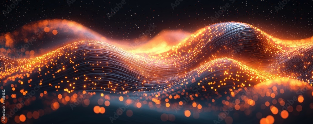Poster abstract image shows glowing optical fiber cables in orange light. wavy lines of light fibers create