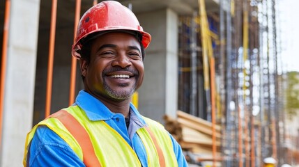 A construction worker smiling at the camera, with an unfinished building structure behind, Construction site scene