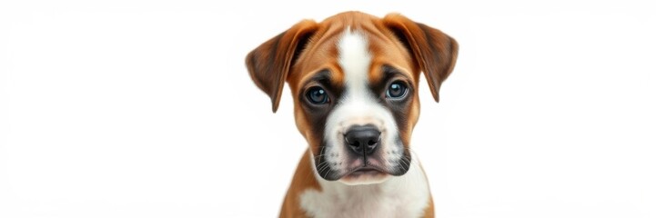 Boxer puppy with blue eyes posing for a picture in the center of the frame, adorable, fluffy coat, blue eyes
