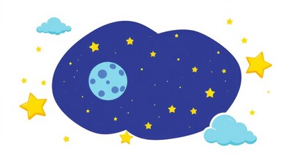 Bright cartoon design with empty white space in the middle, surrounded by vibrant yellow stars and fluffy blue clouds on the edges, cartoon, space, decoration