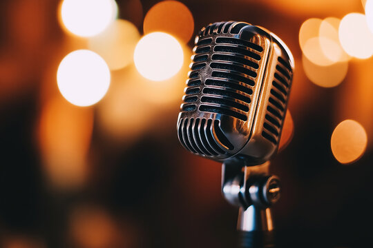 Vintage microphone with bokeh background in warm tones