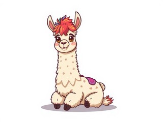 Fototapeta premium Cartoon llama with spiky hairdoodle sitting and looking to the side, animal, cute, cartoon