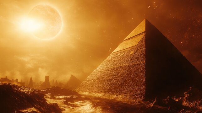 A surreal depiction of a pyramid under a glowing sun in a dramatic landscape.