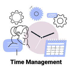 Time management concept with clock gears calendar and person in minimalist hand drawn style