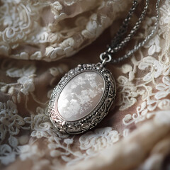Obraz premium Vintage Charm: Silver Locket on Floral Lace Fabric