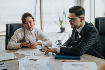 A diverse team of business people engaged in a collaborative meeting, discussing documents and ideas in a modern office environment. Emphasis on teamwork and professional interaction.