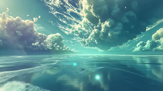 blue sky with clouds and a large wave in the ocean, Fractal Horizons, Abstract render of an alien sea and sky, fantasy, water, star, planet, universe, space, science, background
