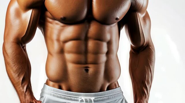 Slim man with six pack and white shorts on white background. shot of the model waist. Slim body with cellulite or healthy, fit, muscular, underwear, guy, attractive