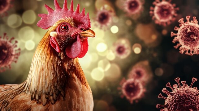 Close-up of a domestic hen against a blurred background, with abstract representations of viruses highlighting health awareness in poultry.