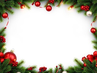 Christmas greeting card with text space in center, adorned with festive balls and green branches as a frame on a plain background, Christmas, concept, festive decor