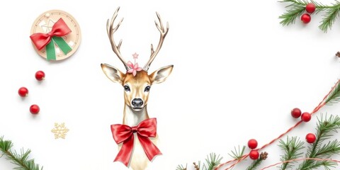 Christmas wreaths with deer portraits, red bows, and decorative elements on a white watercolor background, round, different sizes, decorative elements