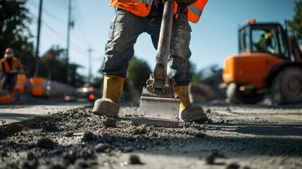 A construction worker using a jackhammer to break up concrete for a foundation repair, Concrete breaking scene, Foundation restoration style