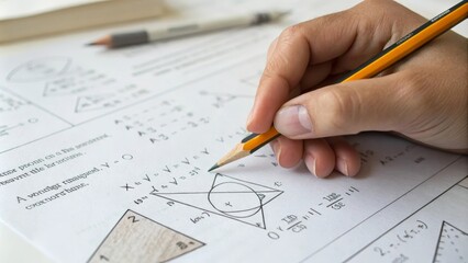 Hand writing math formulas on geometry exam paper with pencil