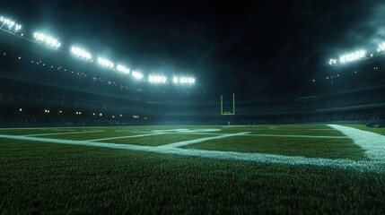 An American football stadium at night, with the lights shining brightly and fans cheering in front of an empty field.