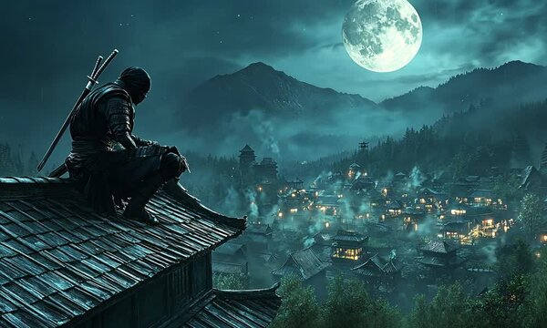 A ninja silhouette overlooks a moonlit village, evoking mystery and adventure.