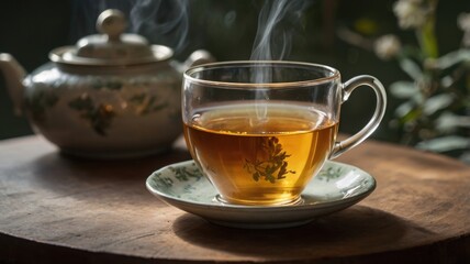A steaming cup of tea in a clear glass cup sits on a saucer, with a traditional teapot in the background. The scene is set on a wooden table, creating a warm and inviting atmosphere.