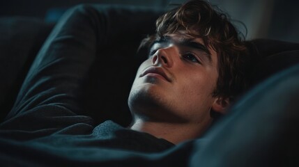 Fototapeta premium A young man lying back, lost in thought or contemplation.
