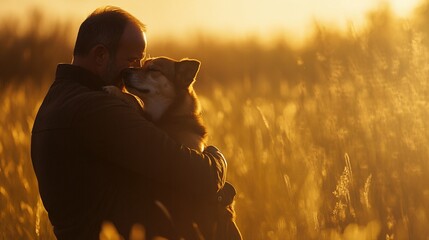 Man and dog share a heartfelt hug in a golden sunrise meadow, capturing tranquility and love.