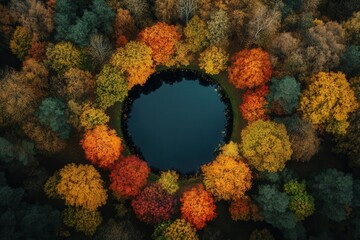 Aerial view of a circular lake surrounded by colorful autumn trees.