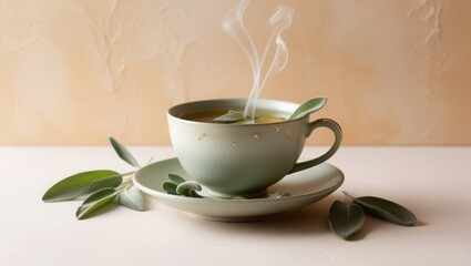steaming cup of sage tea sits on a saucer, with fresh sage leaves scattered nearby. The soft, neutral background and delicate details create a calming and inviting scene.