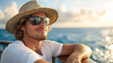 Bleisure travel concept. A man in sunglasses and a straw hat relaxes on a boat, enjoying the ocean view at sunset.