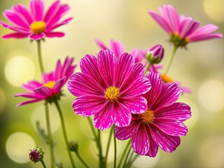Obraz premium Cosmos flower blossoms in a vibrant display against a soft focus greenery background, botanicals, greenery., nature