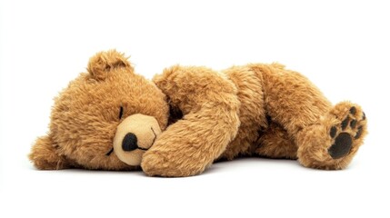 A cute, fluffy teddy bear lying down peacefully, evoking comfort and warmth.